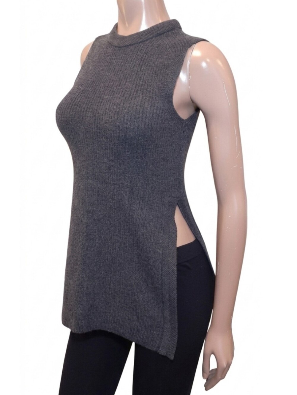 Wilfred Aritzia Palmier Tunic Sweater Sleeveless Knit Side Slit Charcoal Gray